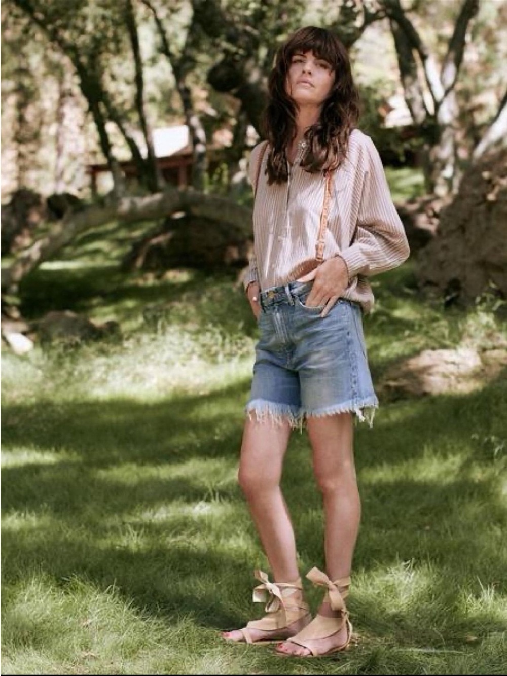 THE GREAT. Light Blue Frayed-Hem Denim Shorts